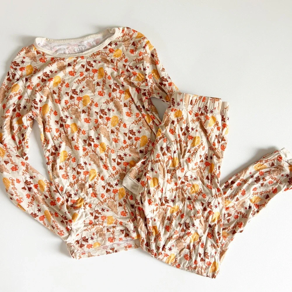 Ollies Day Kids Thanksgiving Fall Leaves Thankful Bamboo Pajama Set Size‎ 6T